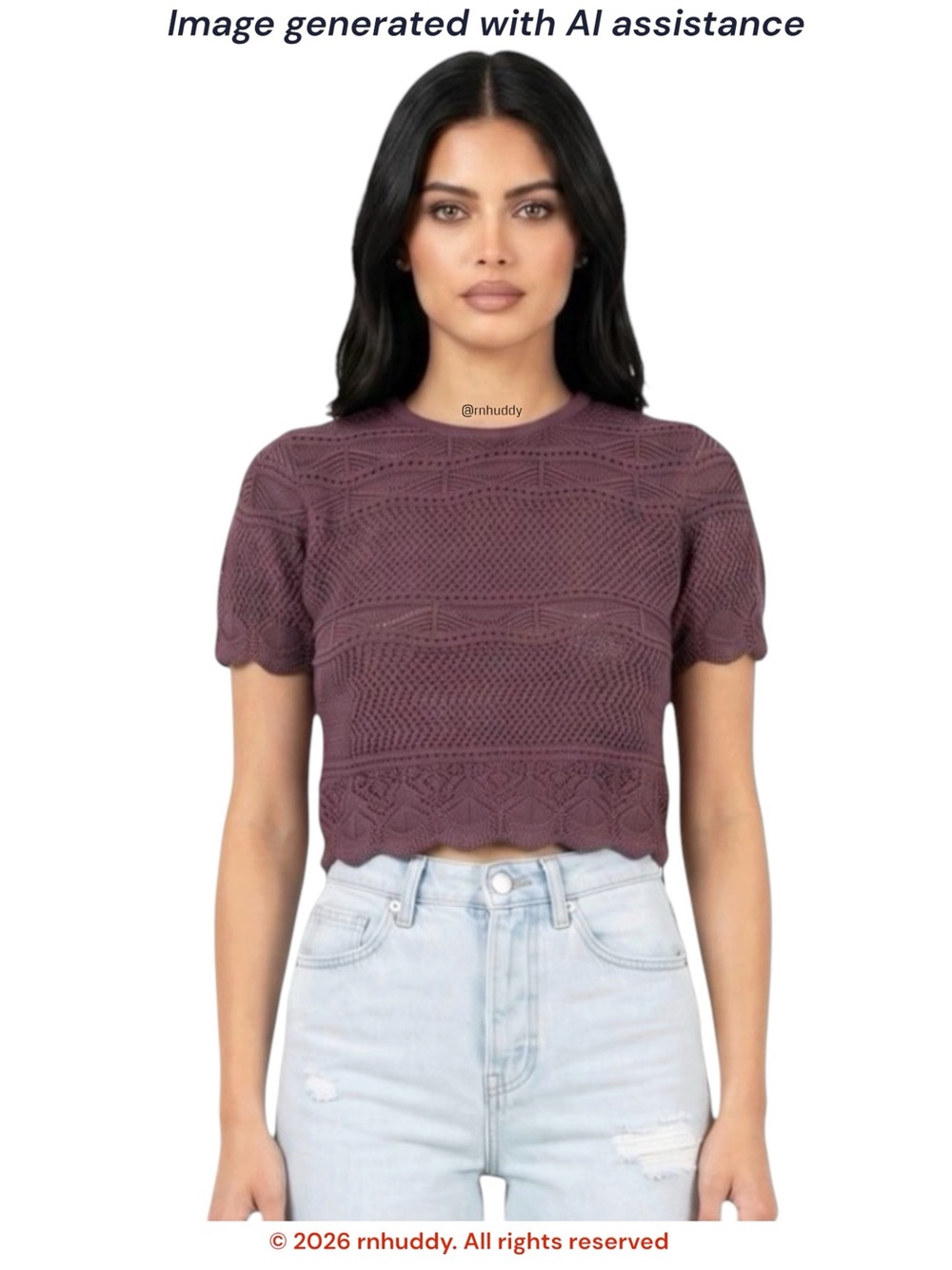 Disturbia L hooked pointelle short sleeve knit crop top